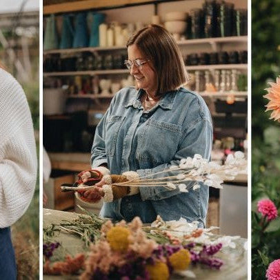 Florists at Leafy Couture wearing fingerless sheepskin mittens whilst cutting and styling stems