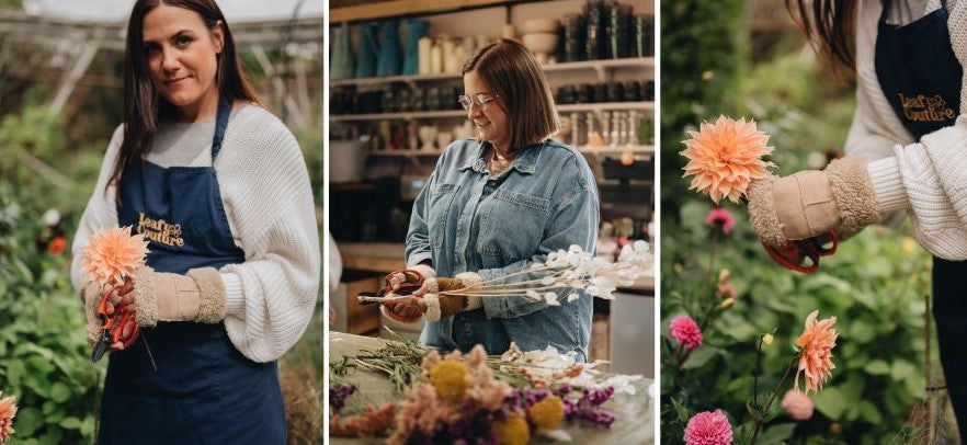 Florists at Leafy Couture wearing fingerless sheepskin mittens whilst cutting and styling stems