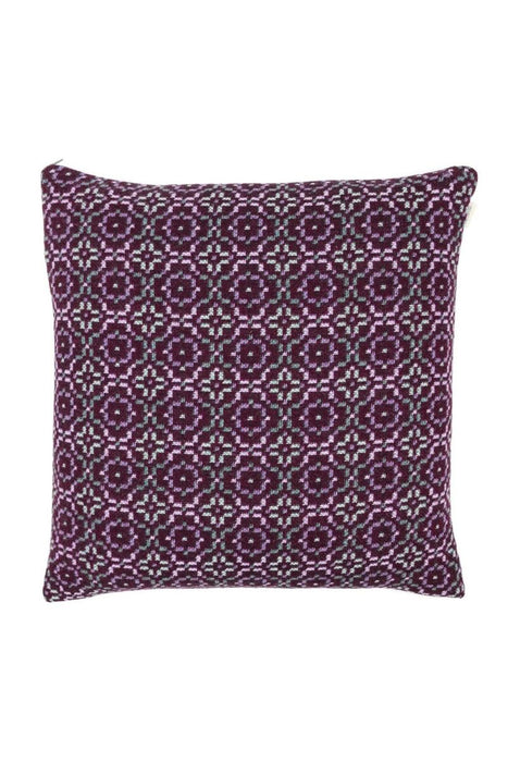 Melin Tregwnt Woven Wool Cushion in a dark purple with lilac and grey Vintage Rose repeat pattern - Front