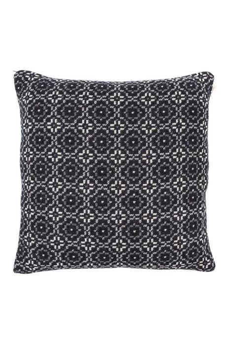 Melin Tregwynt Dark Grey repeat Vintage Rose Pattern Cushion with feather pad - front