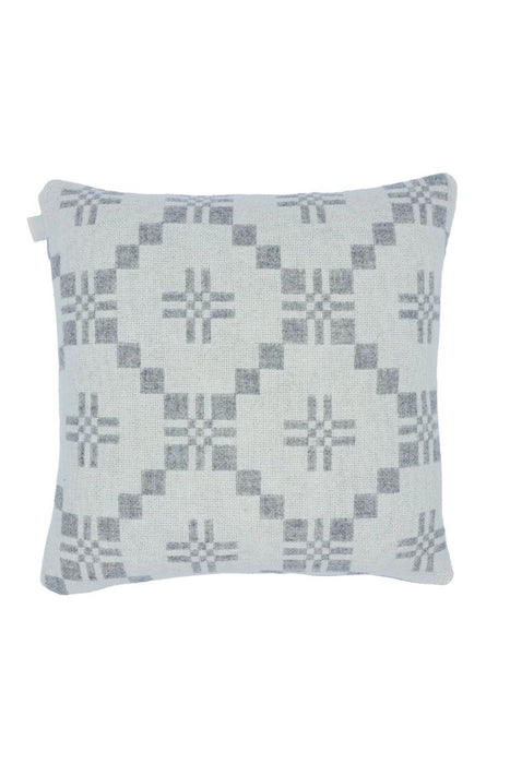 St David's Cross Cushion in White and Silver Grey. Fabric woven and made in South Wales by Melin Tregwynt. Front side.