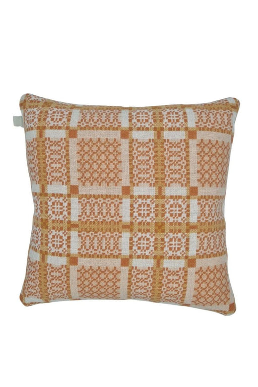 Melin Tregwynt woven wool square cushion with a orange and white woven Knot Garden pattern - reverse