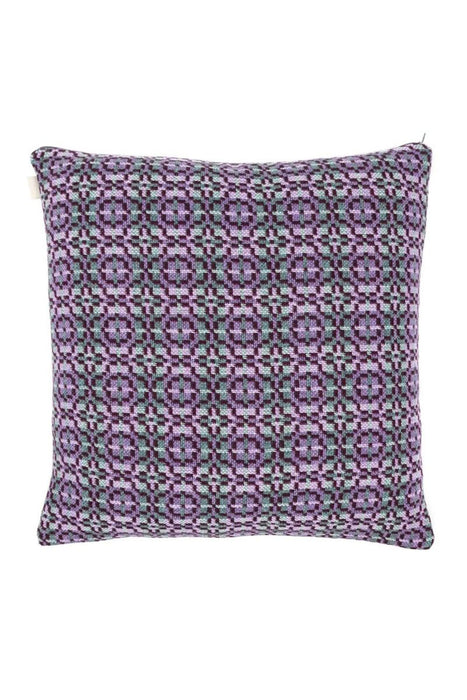 Melin Tregwnt Woven Wool Cushion in a dark purple with lilac and grey Vintage Rose repeat pattern - Reverse