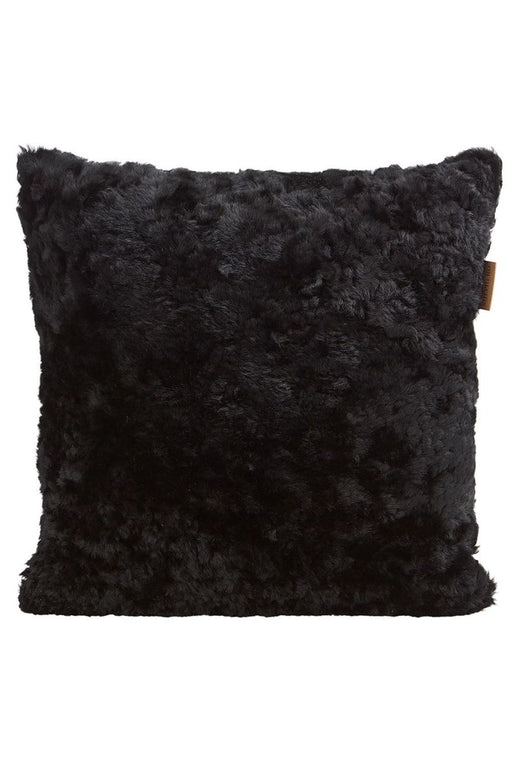 Front view of black Shepherd Sheepskin Cushion with Fabric Back.