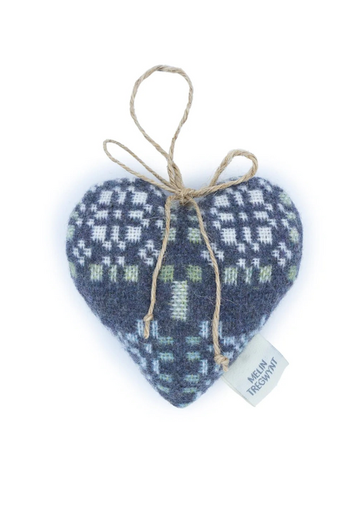 Woven Wool Lavender filled heart in blue grey with cream, green and light blue pattern details
