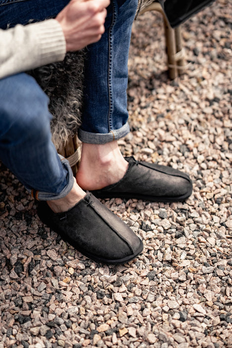 shepherd slippers on mans foot with ankle showing of backless entry