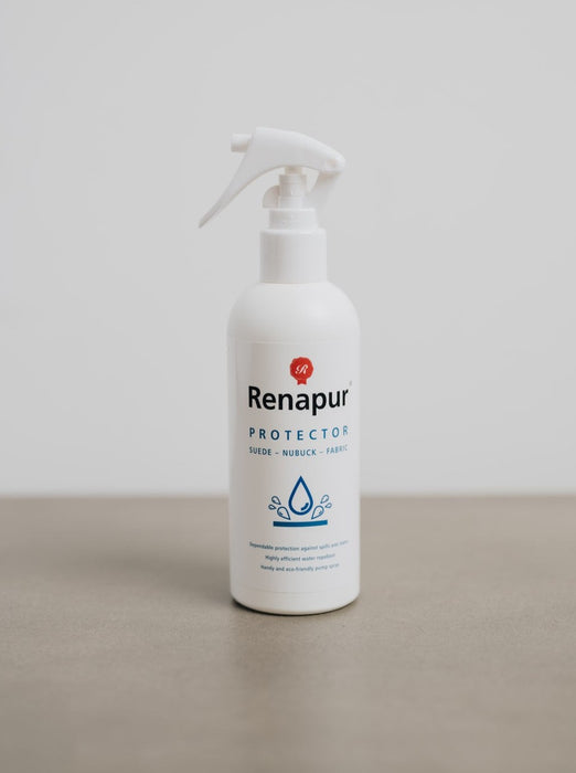 white trigger spray nozzle bottle of leather and sheepskin protecting spray, with Renapur and blue text on its label