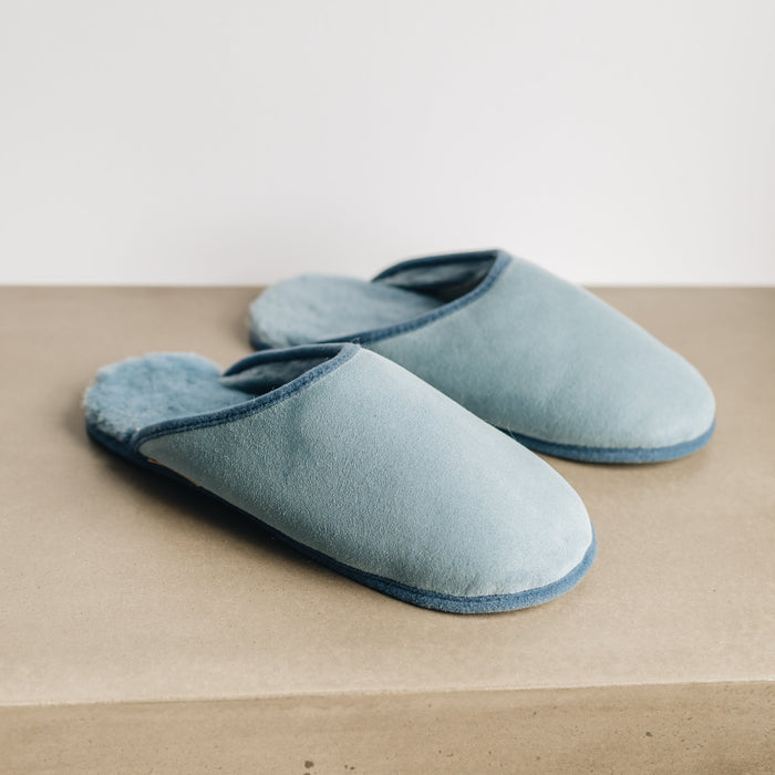 Robyn Unisex Sheepskin Slip On Soft Soled Slippers, in Sky Blue. From Westmorland Sheepskins.