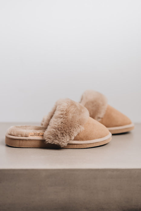 Taupe Sheepskin Slipper for ladies. backless slip on mules