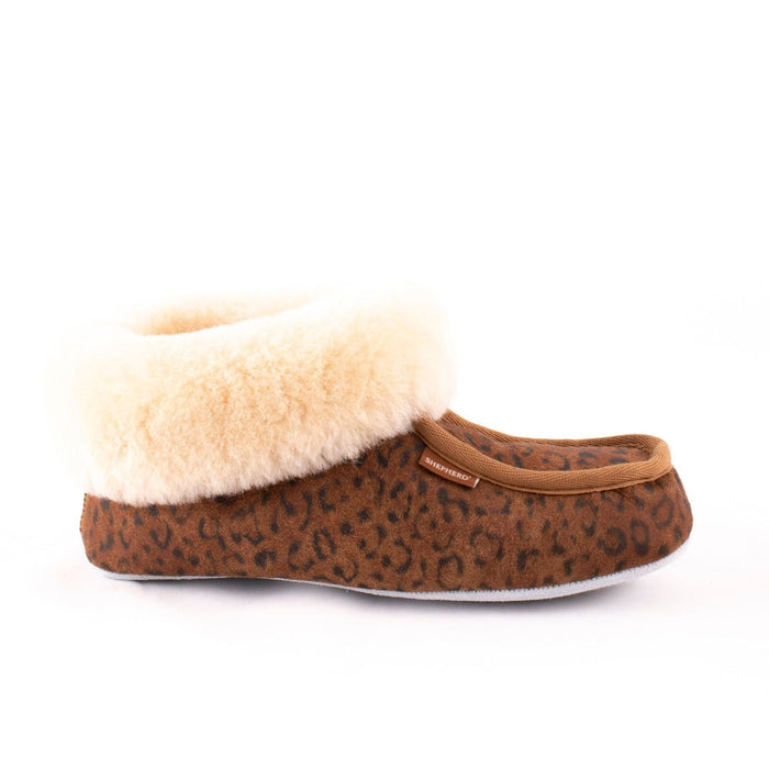 Moa Chesnut Leopard Women's Sheepskin animal print patterned Slippers from Shepherd of Sweden.